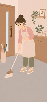 玄関を箒で掃く女性のフラットイラスト