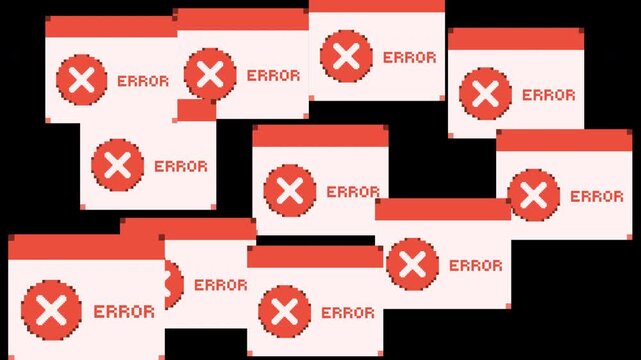 multiple system error pop up computer screen with pixel art them. 4k alpha channel animation