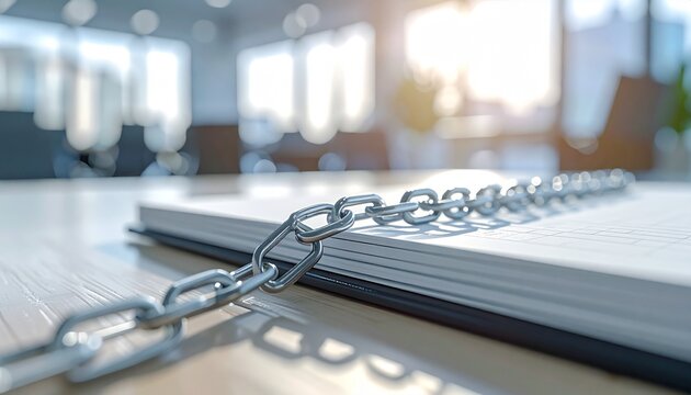Chain on Open Notebook Represents Security, Protection, or Restriction