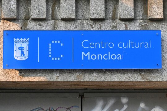 Official information sign of the Centro Cultural Moncloa, a cultural center of the Madrid City Council, mounted on the facade of a public building in Madrid, Spain.July 28, 2026