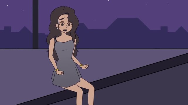 2D animation wide view of a lonely sad woman sitting on a building rooftop edge at night solitude concept
