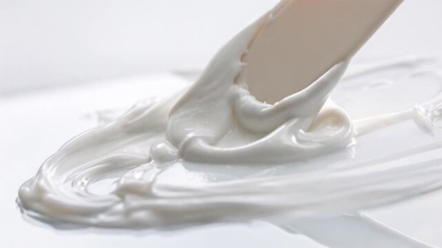 Smooth white cosmetic cream being mixed and scooped with a spatula on a glass surface. Macro close-up of luxury moisturizer lotion texture, dermatological beauty product, and hydrating skincare concep