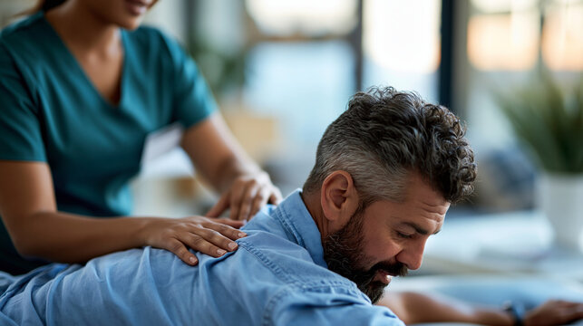 Guided back extension therapy is performed by female clinician hands on a male patient in a bright rehabilitation room, physical therapy, mobility, posture correction, recovery, medical