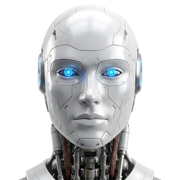 Front view of a futuristic white humanoid robot head isolated on transparent background