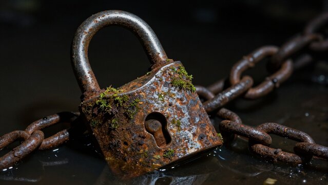 An old rusty padlock with moss growing on it, attached to a heavy chain partially submerged in dark water.