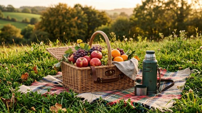Wicker picnic basket filled with fresh fruits on a plaid blanket in a sunny countryside meadow with a vintage thermos. Summer outdoor picnic, recreation and seasonal relaxation concept