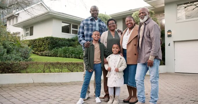 Family, happy and face with generations by new house, smile and care with bonding on front lawn. Black people, grandparents and parents with children outdoor for moving, relocation or together