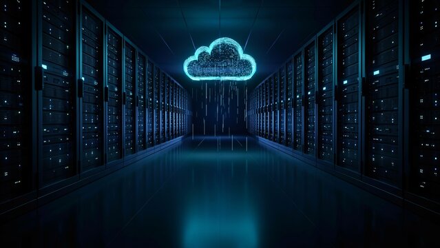 Glowing digital cloud above server racks in data center