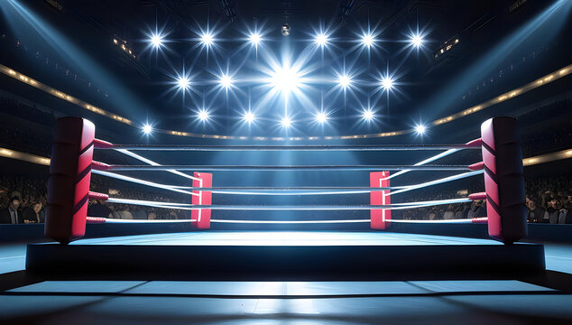 Empty boxing ring with bright lights in a dark arena illustration