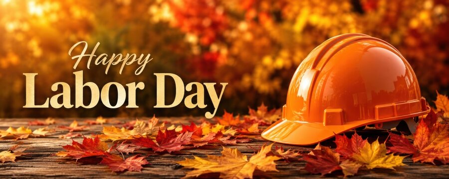 Orange construction hard hat resting on colorful autumn leaves with Happy Labor Day greeting. Worker appreciation, skilled trades and seasonal celebration banner