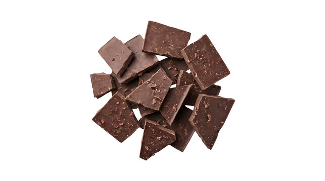 Top view of broken pieces of dark chocolate isolated on transparent background