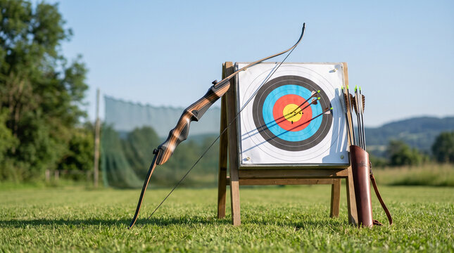 Archery bow and target with bullseye on green grass field  