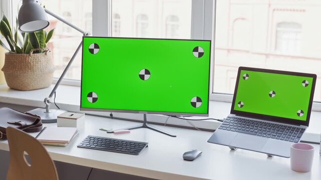 Computer monitor and laptop with green screens and tracking markers sitting on modern office desk while camera arcs. Footage is perfect for software mockups and digital product presentations