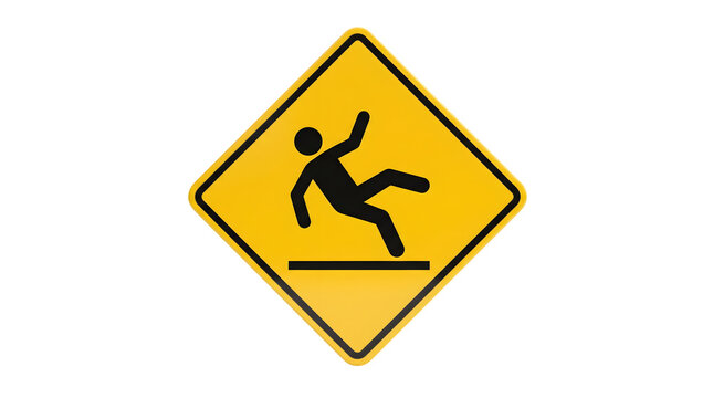 Yellow caution sign warning of slippery floor surface isolated on transparent background
