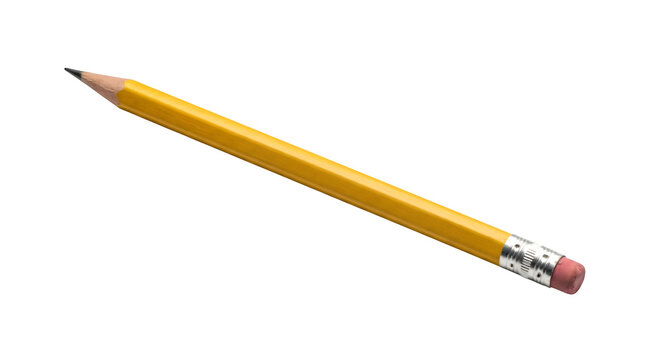 A single sharpened yellow wooden pencil with an eraser isolated on transparent background