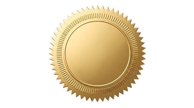 Shiny gold circular seal with serrated edges presented isolated on transparent background