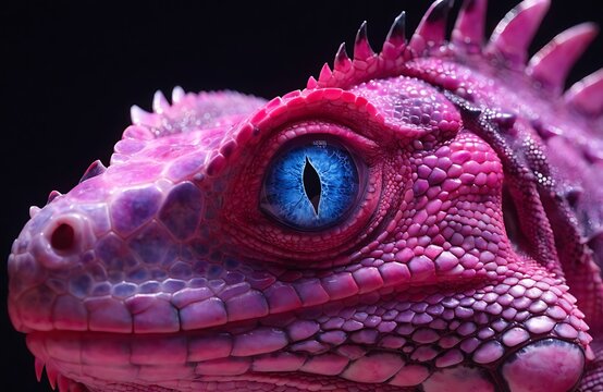 Close up portrait of a colorful purple lizard with a bright blue eye looking into the camera lens