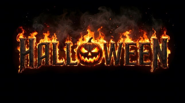 A spooky halloween text design featuring burning letters and a glowing jack o lantern pumpkin face isolated on a solid black background