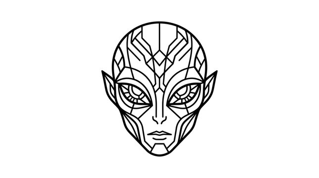 Detailed geometric alien head illustration featuring complex sharp linework design presented on white background