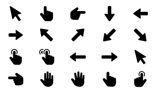 Set of black cursor icons for computer mouse and touch screen gestures