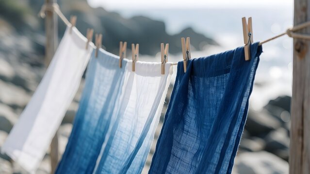 Indigo denim clothes hanging on wooden pegs by the ocean shore