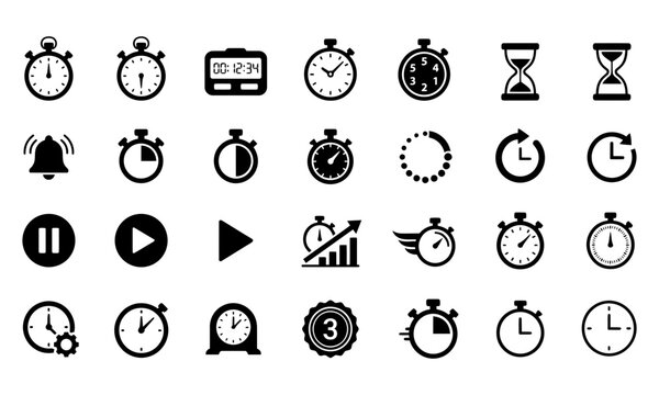 Set of time and clock icons, stopwatch and timer symbols