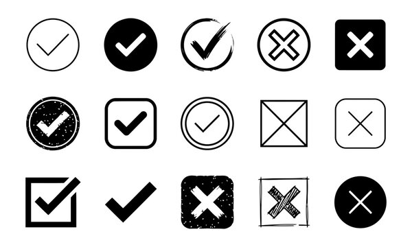 Set of check mark and cross mark icons in various styles