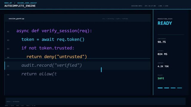 AI-powered code autocomplete feature in action showing async session verification function. Terminal displays intelligent suggestion with completion status changing from ready to completed.
