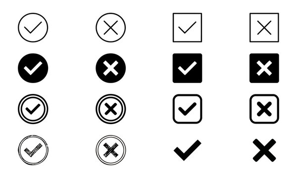 Set of check mark and cross mark icons in circle and square shapes