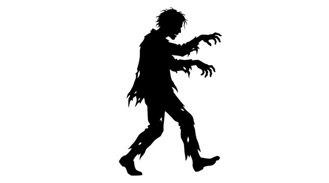 Halloween Zombie silhouette walking with tattered clothes, creepy undead monster vector icon, scary halloween character isolated on white background vector