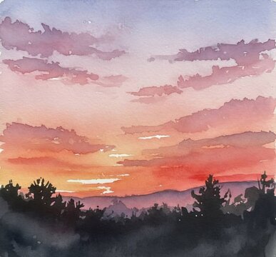 sunset in the mountains,Watercolor Twilight Sky Clipart, Digital Art PNG for Seamless Pattern and Overlay, Sunset Landscape Illustration for Adobe Stock and Etsy