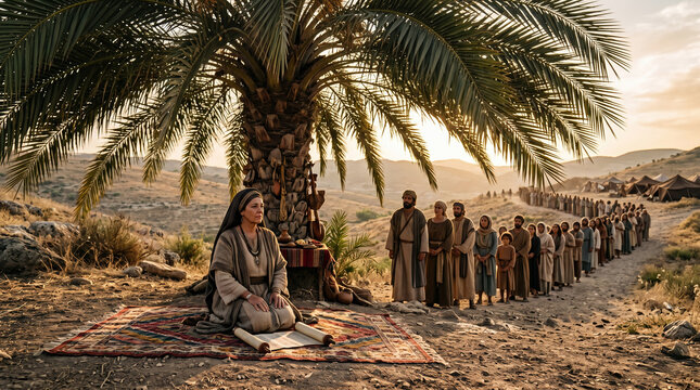 Deborah the prophetess judging Israel. Sitting in wisdom under the massive Palm of Deborah in the hill country