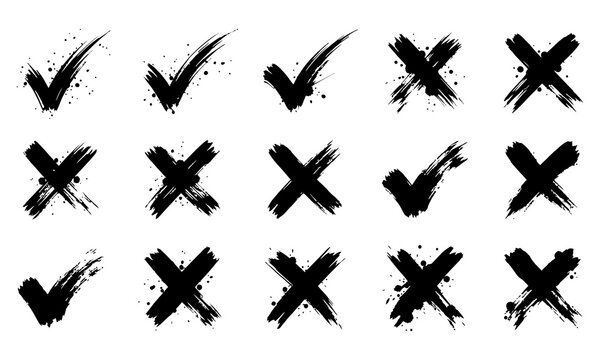 Set of hand drawn grunge check marks and cross signs