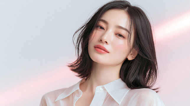 美しいアジア人女性モデルの美容ポートレート。ピンクの背景。コスメ、広告用