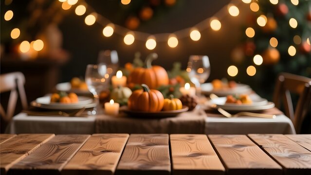 Rustic wooden table top with blurred Thanksgiving dinner background, festive autumn harvest pumpkins and warm bokeh lights, cozy holiday dining room setting