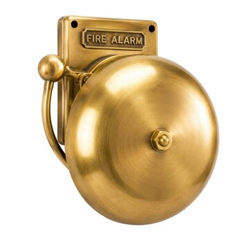 Golden brass school fire alarm bell mounted on wall. Vintage emergency warning siren for safety drills and evacuation alerts.