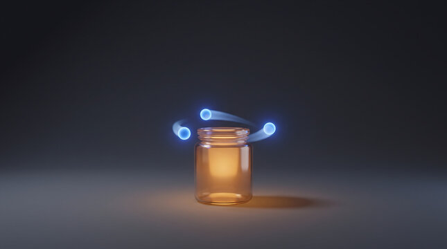 Cybersecurity Honeypot Concept Glowing Amber Glass Jar with Orbiting Blue Light Trails 3D
