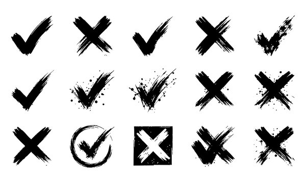 Set of hand drawn check marks and cross signs