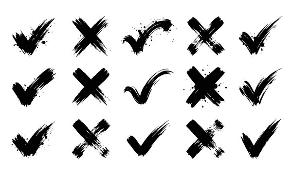 Set of hand drawn grunge check marks and cross signs