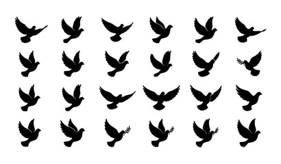 Fototapeta premium Dove of Peace Silhouette Collection Hand Drawn Flying Bird Vector Set Isolated on White BackgroundDove of Peace Silhouette Collection Hand Drawn Flying Bird Vector Set Isolated on White Background