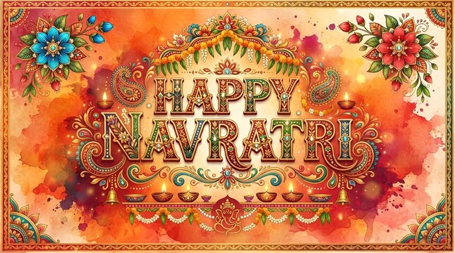 Happy Navratri Festival Greeting with Ornate 3D Text, Glowing Diya, Trishul, Floral Decor, and Colorful Artistic Background &ndash; Hindu Celebration, Religious Poster, Invitation, and Social Media