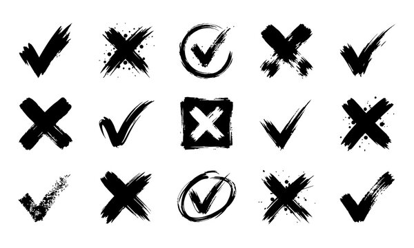 Set of hand drawn check marks and crosses