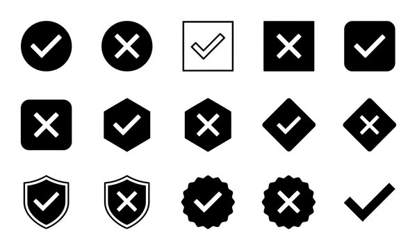Set of check mark and cross mark icons in various shapes and styles