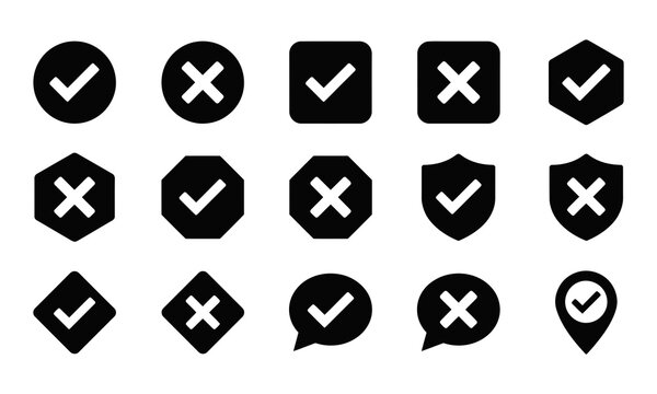 Set of check mark and cross mark icons in various shapes