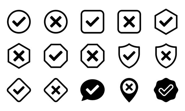 Set of check mark and cross mark icons in various shapes and styles