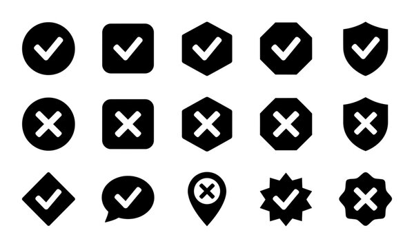 Set of check mark and cross mark icons in various geometric shapes