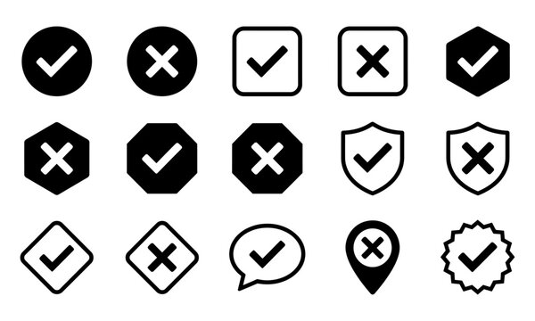 Set of check mark and cross mark icons in various shapes and styles