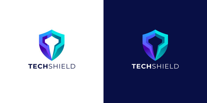 Modern abstract shield logo with blue and purple gradient in 3D folded style. Displayed on white and dark backgrounds, suitable for technology, cybersecurity, and digital protection.