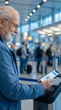 Senior traveler scanning mobile QR boarding pass at automated airport gate, authentic active aging concept showing independence confidence value value value value value value value