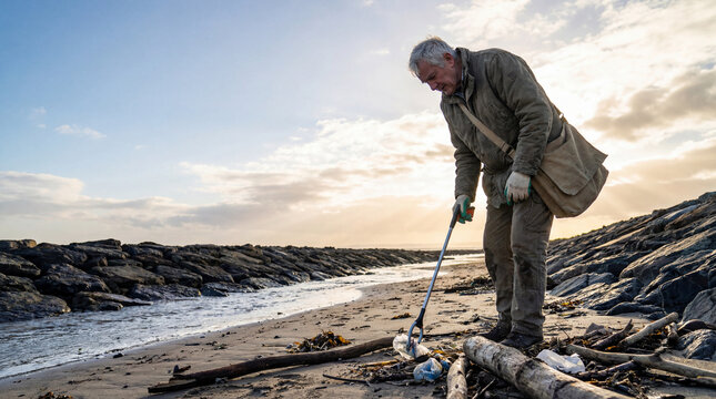 Senior volunteer collecting plastic litter with grabber along rocky beach at sunset, authentic active aging concept showing independence daily value value value value value value value